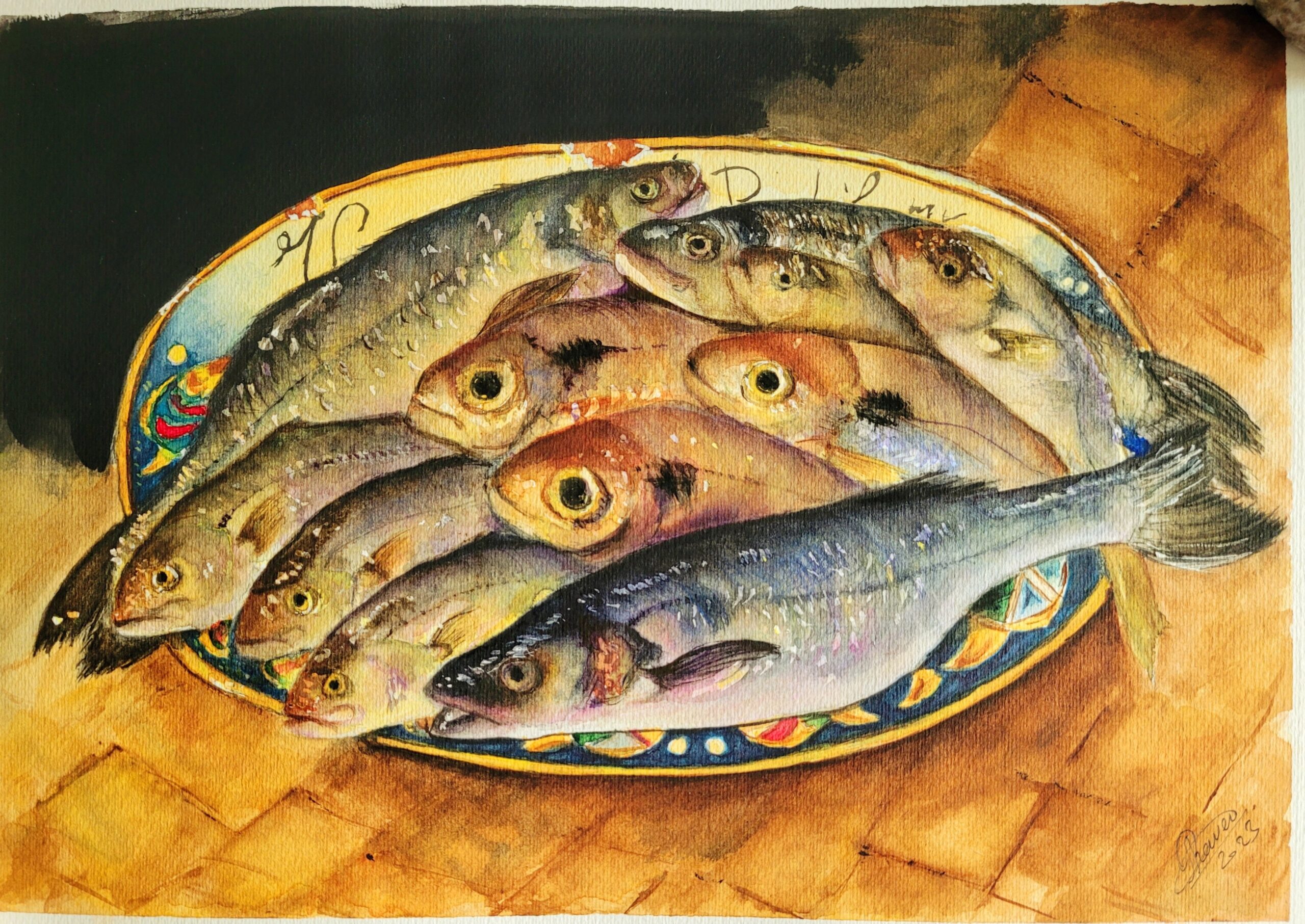 Catch of the day in Taormina’s restaurant
watercolour, 35x24cm, 2023